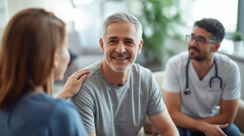 a man diagnosed with mental health symptoms smiling receiving support from staff